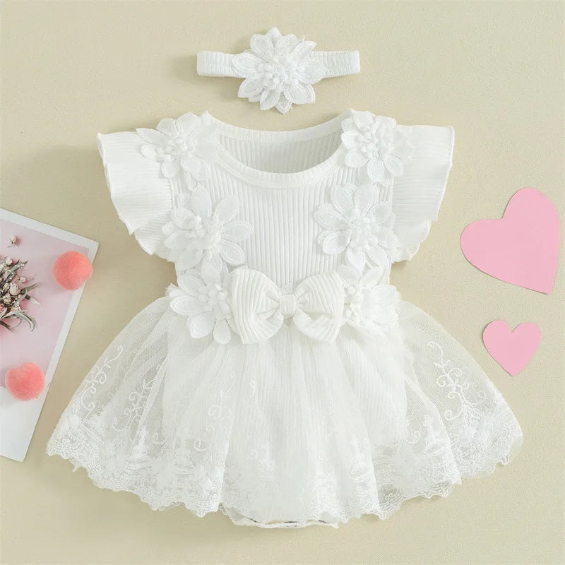 Baby Girls Romper Princess Mesh Newborn Clothes white sleeveless dress with floral lace and matching headband