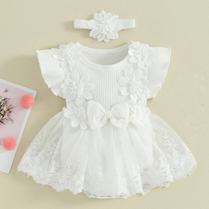 Yamza Tots' Closet Baby Girls Romper Princess Mesh Newborn Clothes with floral lace design and matching headband