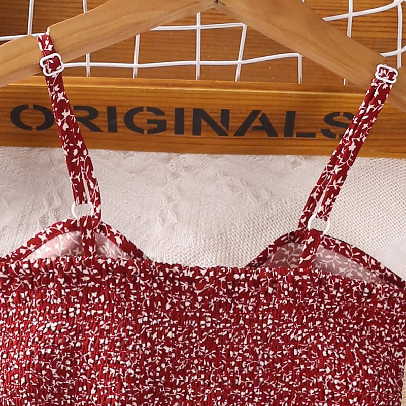 Yamza Tots' Closet Beach Fashion Girls Red Floral Halter Skirt Sets with adjustable straps on wooden hanger