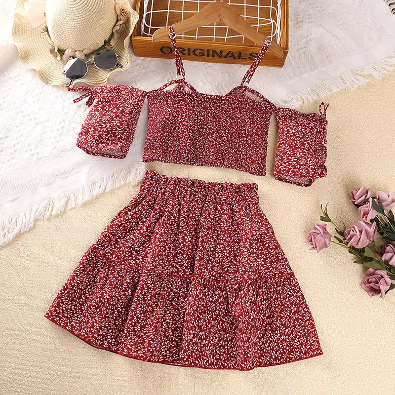 Beach Fashion Girls Red Floral Halter Skirt Sets with smocked top and puff sleeves for summer style
