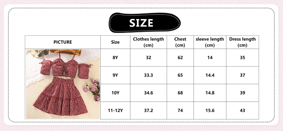 Beach Fashion Girls Red Floral Halter Skirt Sets with off-shoulder top and matching skirt