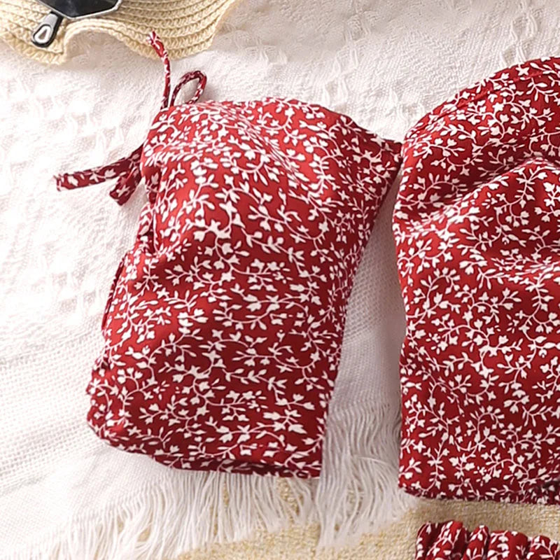 Yamza Tots' Closet Beach Fashion Girls Red Floral Halter Skirt Sets with white floral print on red fabric