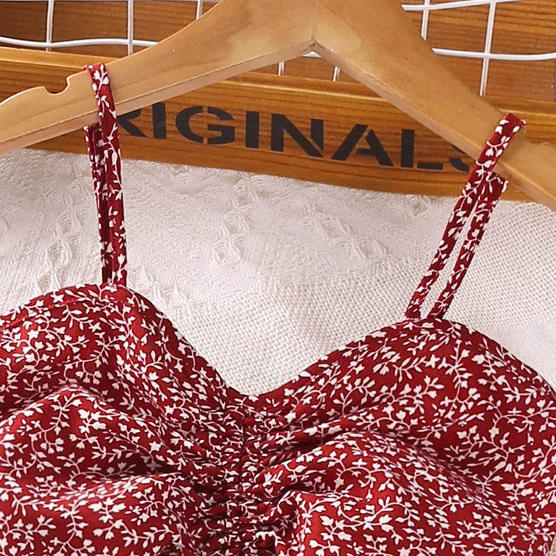 Yamza Tots' Closet Beach Fashion Girls Red Floral Halter Skirt Sets with white leaf pattern