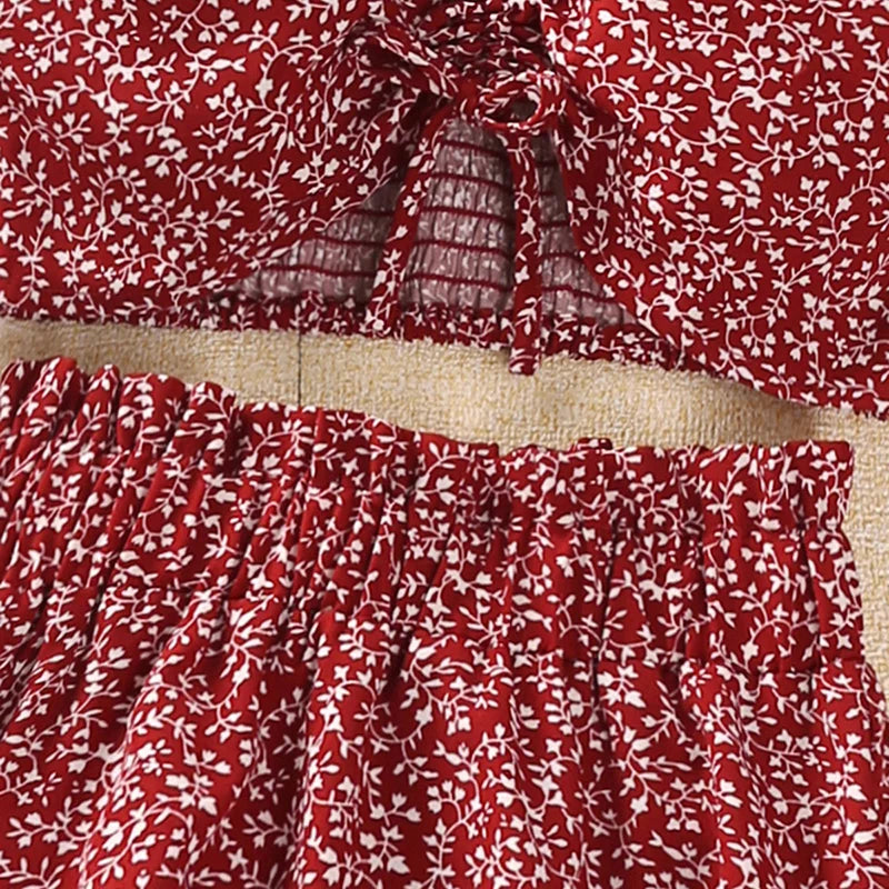 Yamza Tots' Closet Beach Fashion Girls Red Floral Halter Skirt Sets with white leaf print design