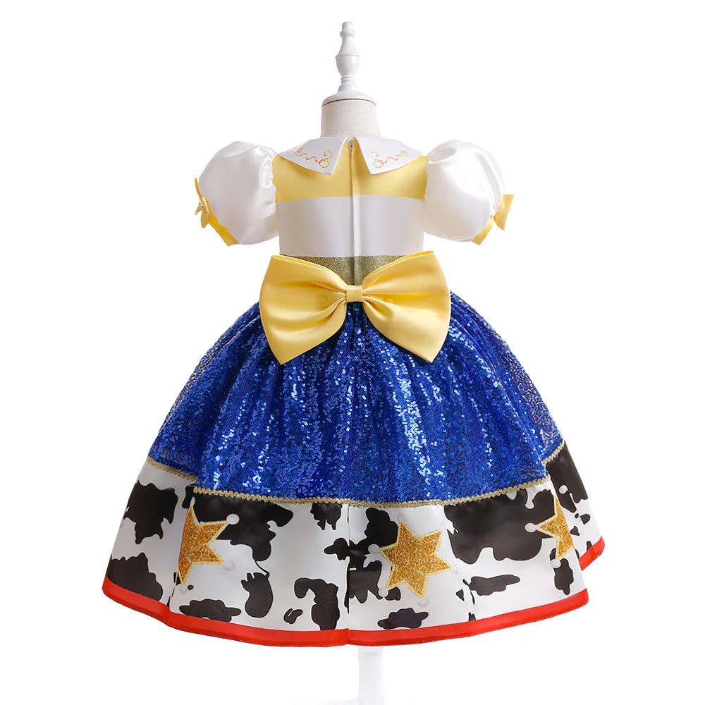 Buzz Lightyear Jessie Cosplay Costume for kids with blue sequin skirt and yellow bow by Yamza Tots Closet