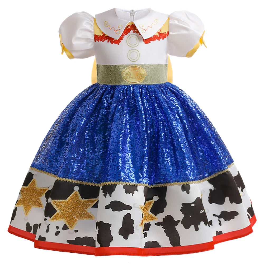 Yamza Tots' Closet Buzz Lightyear Jessie Cosplay Costume with blue sequin skirt and cow print details