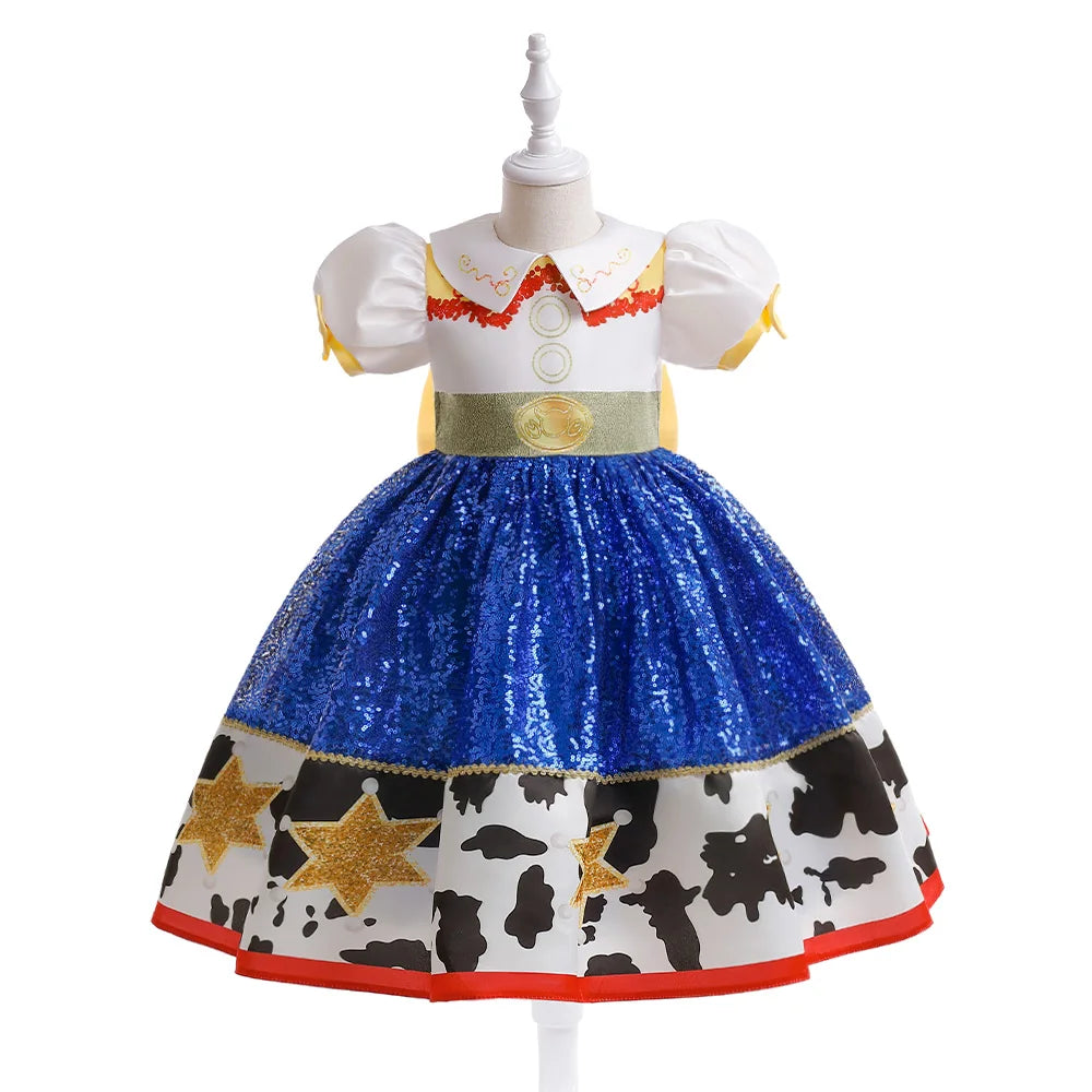 Buzz Lightyear Jessie Cosplay Costume for kids featuring white puff sleeves and blue sequin skirt with star designs
