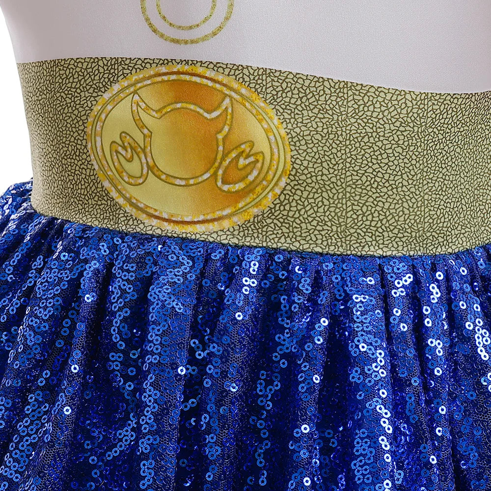 Close-up of the blue sequined skirt and gold belt detail on the Buzz Lightyear Jessie Cosplay Costume
