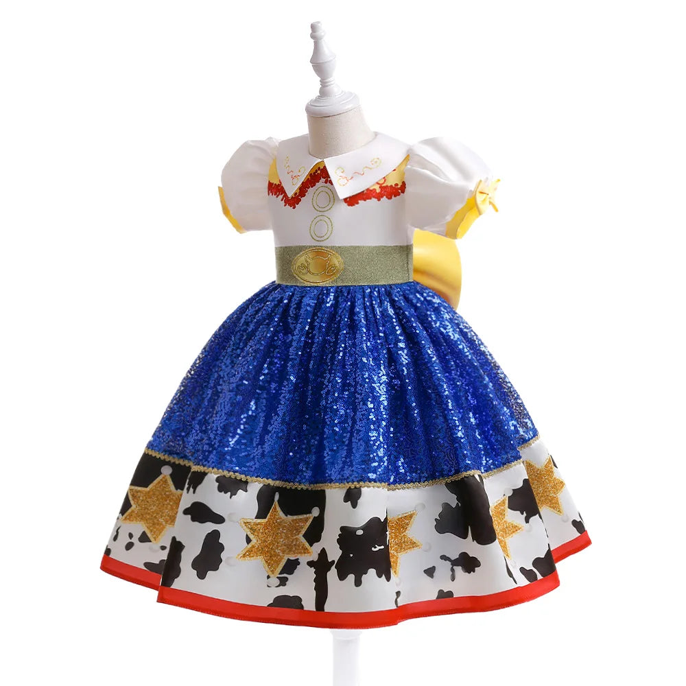 Yamza Tots' Closet Buzz Lightyear Jessie Cosplay Costume with blue sequin skirt and cow print hem for kids