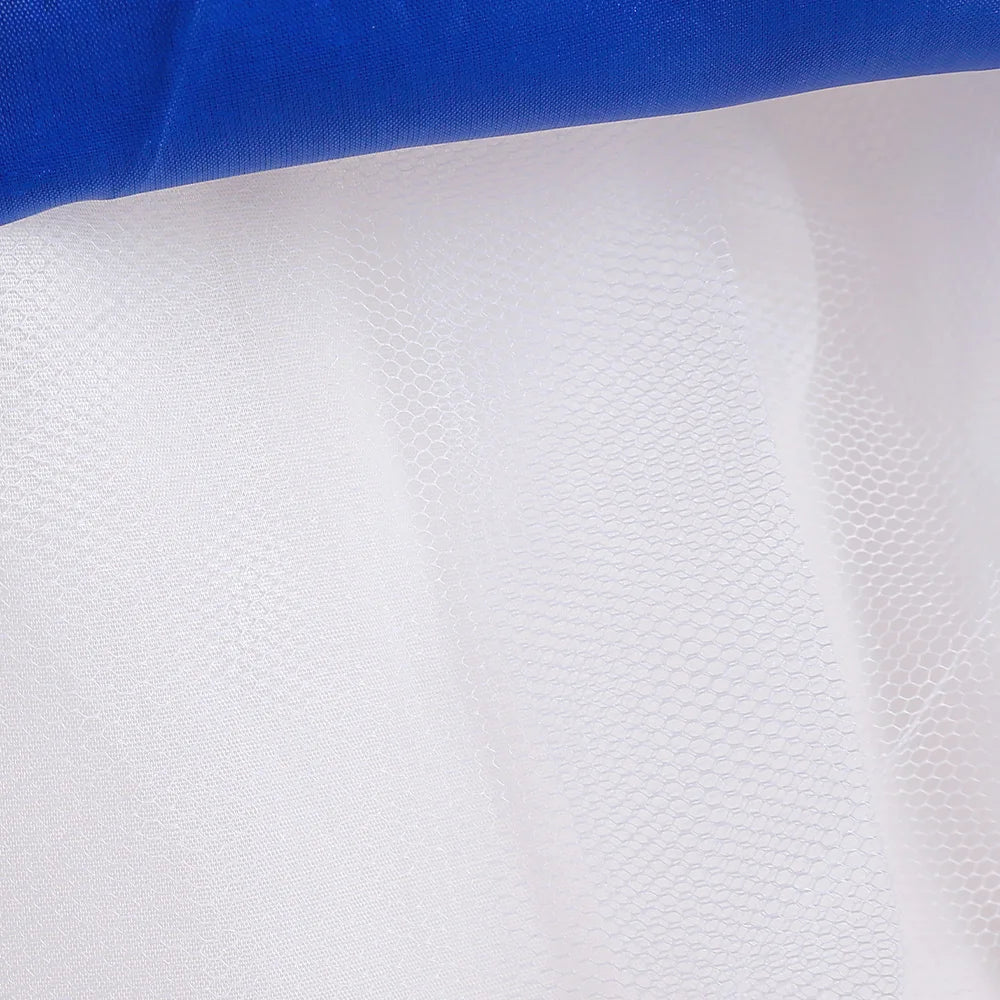 Close-up of white mesh fabric and blue fabric detail from Buzz Lightyear Jessie Cosplay Costume