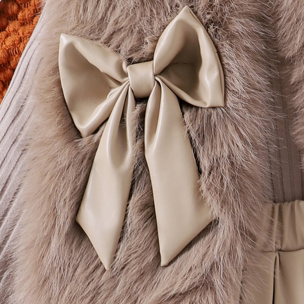 Children Clothing Sets Furry Vest Long Sleeve Top Leather Skirt 3pcs Baby Outfit with beige leather bow on furry vest