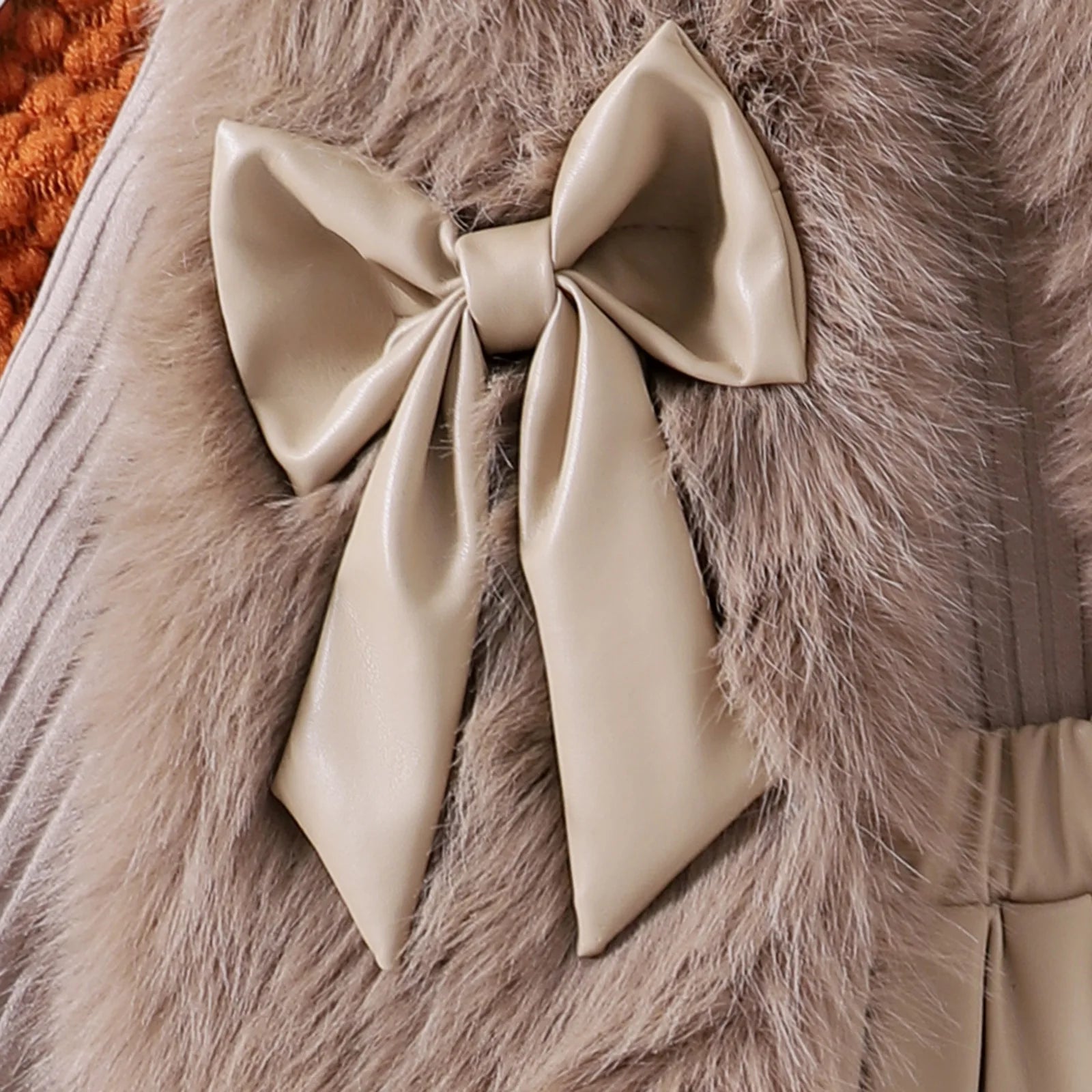 Children Clothing Sets Furry Vest Long Sleeve Top Leather Skirt 3pcs Baby Outfit with beige leather bow on furry vest