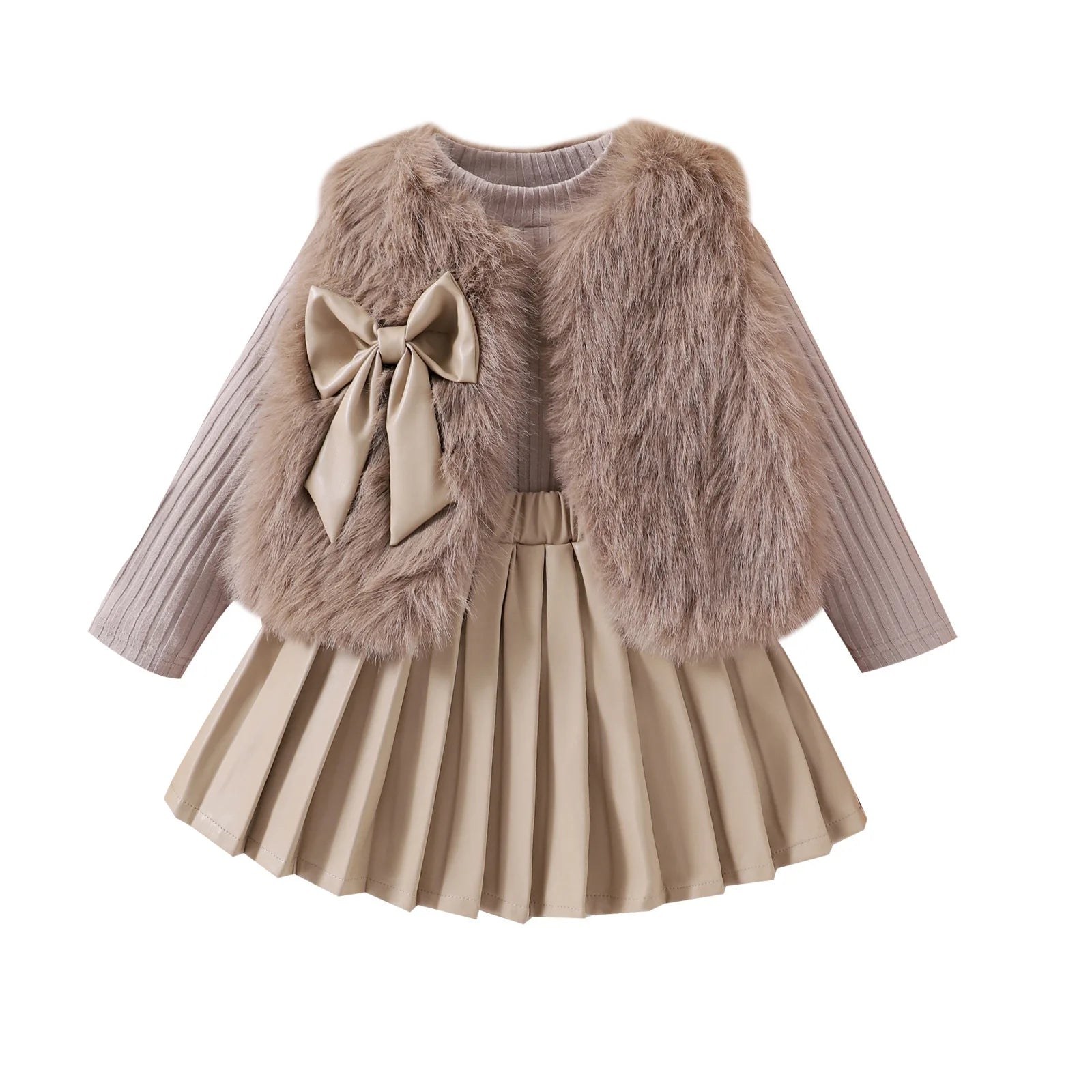 Children Clothing Sets Furry Vest Long Sleeve Top Leather Skirt 3pcs Baby Outfit in beige with bow detail