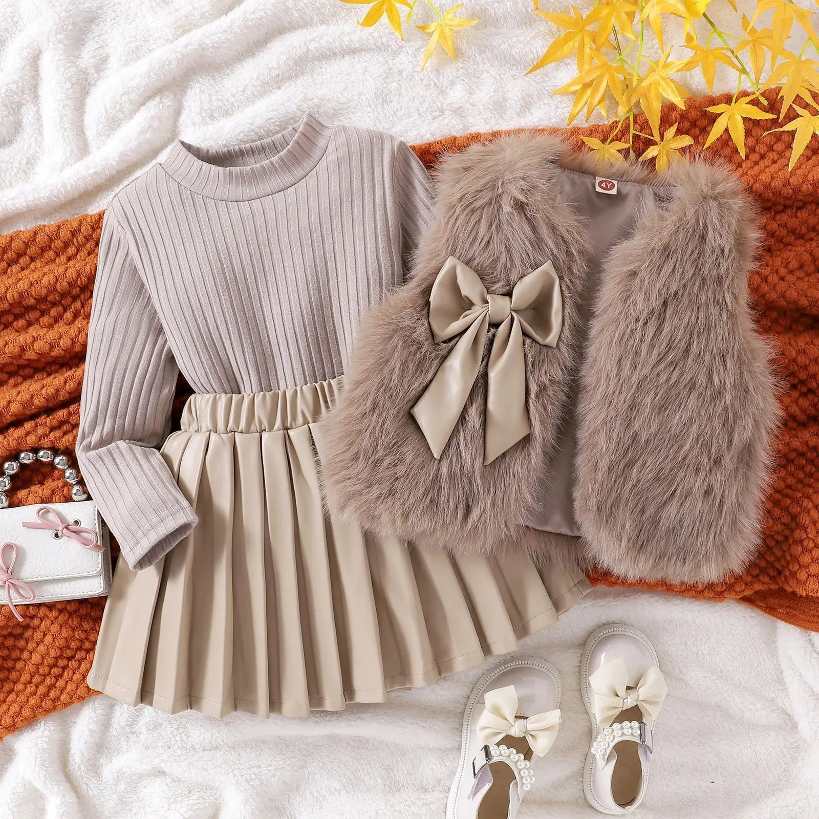 Children Clothing Sets Furry Vest Long Sleeve Top Leather Skirt 3pcs Baby Outfit displayed with shoes and a bag