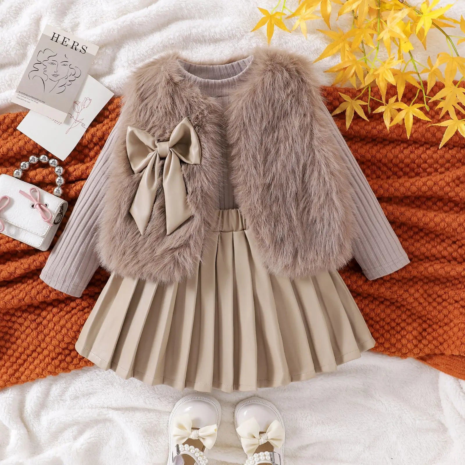 Children Clothing Sets Furry Vest Long Sleeve Top Leather Skirt 3pcs Baby Outfit in beige and brown tones