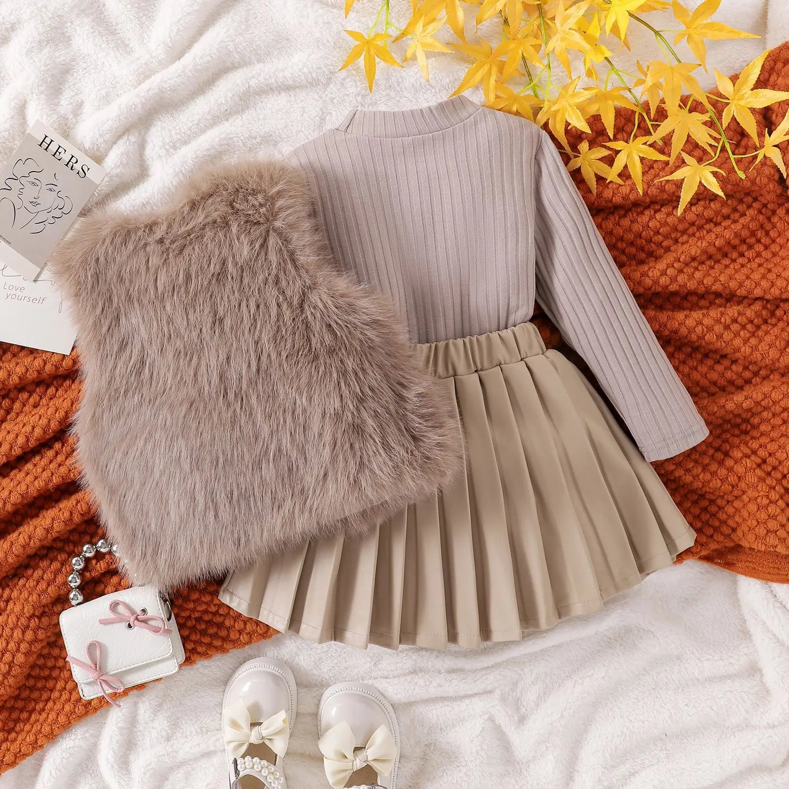 Children Clothing Sets Furry Vest Long Sleeve Top Leather Skirt 3pcs Baby Outfit with beige pleated skirt and furry vest