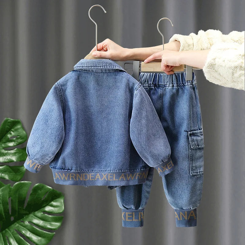 Kids Boys Clothing Set Spring Autumn Casual Jacket Jeans Two Piece Fashion Cool denim outfit hanging on wooden hangers