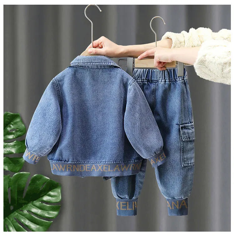 Kids Boys Clothing Set Spring Autumn Casual Jacket Jeans Two Piece Fashion Cool denim outfit hanging on hangers