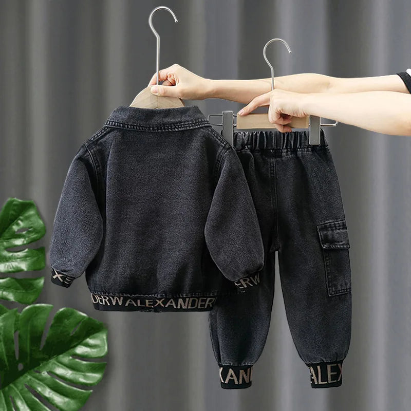 Kids Boys Clothing Set Spring Autumn Casual Jacket Jeans Two Piece Fashion Cool black denim outfit