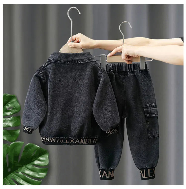 Kids Boys Clothing Set Spring Autumn Casual Jacket Jeans Two Piece Fashion Cool black denim outfit 