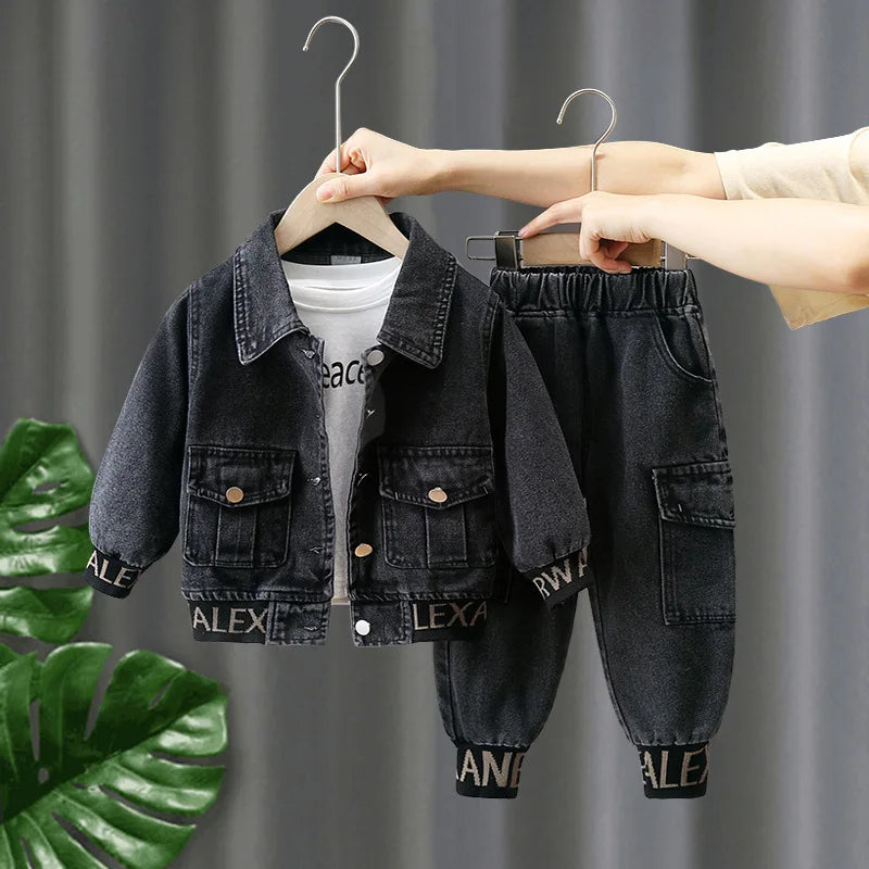 Kids Boys Clothing Set Spring Autumn Casual Jacket Jeans Two Piece Fashion Cool black denim outfit with elastic cuffs