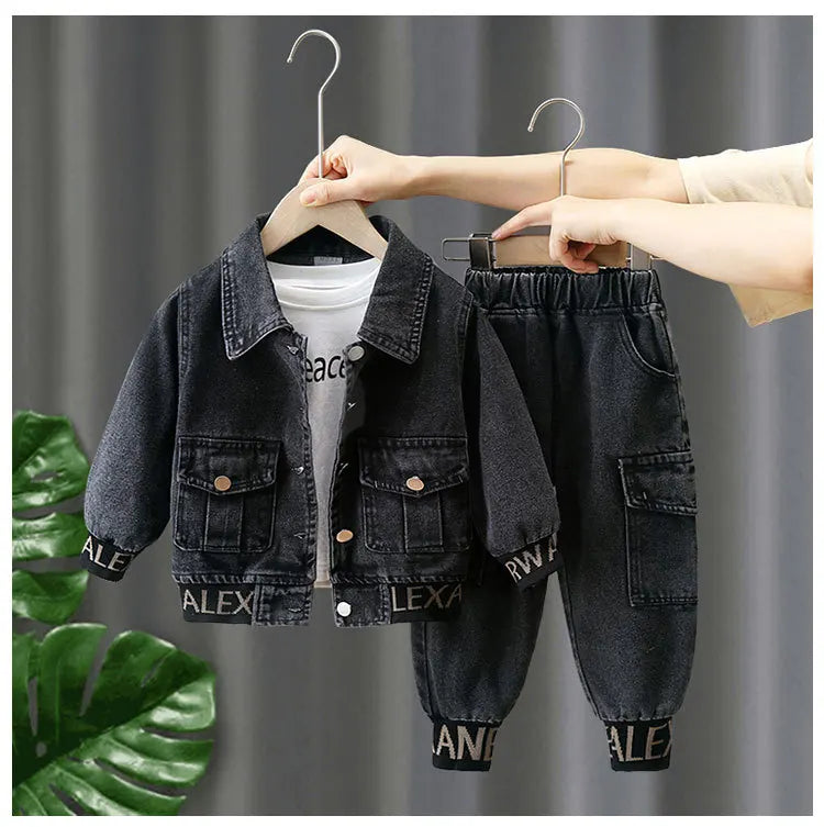 Kids Boys Clothing Set Spring Autumn Casual Jacket Jeans Two Piece Fashion Cool in black denim with pockets