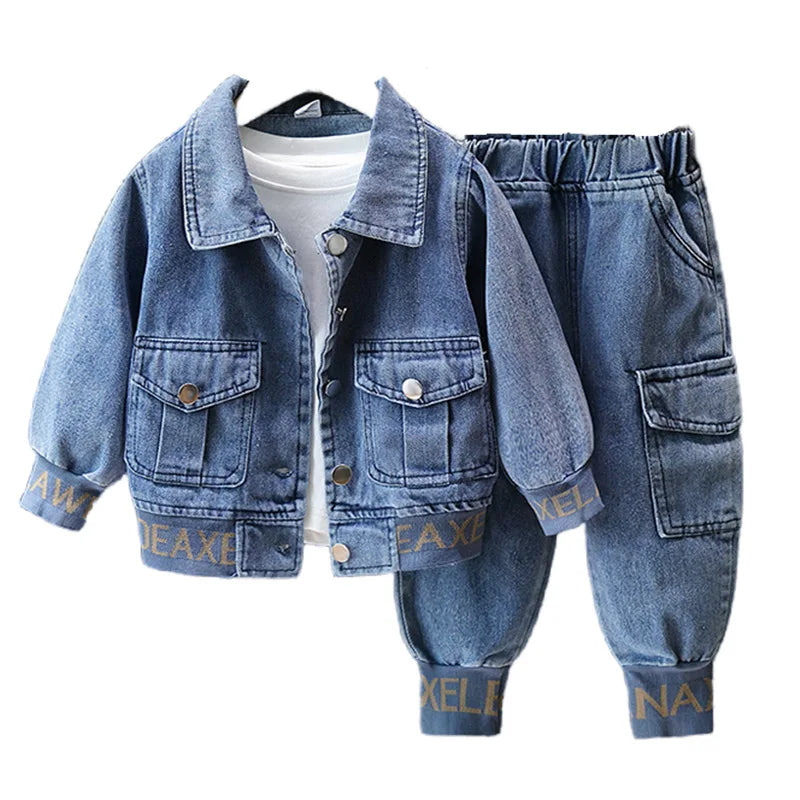 Kids Boys Clothing Set Spring Autumn Casual Jacket Jeans Two Piece Fashion Cool denim outfit with white inner shirt