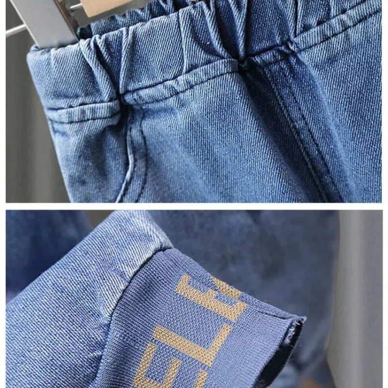 Kids Boys Clothing Set Spring Autumn Casual Jacket Jeans Two Piece Fashion Cool blue denim fabric close-up images