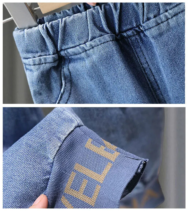 Close up details of blue denim jeans with elastic waistband and printed cuff from Kids Boys Clothing Set Spring Autumn Casual Jacket Jeans Two Piece Fashion Cool
