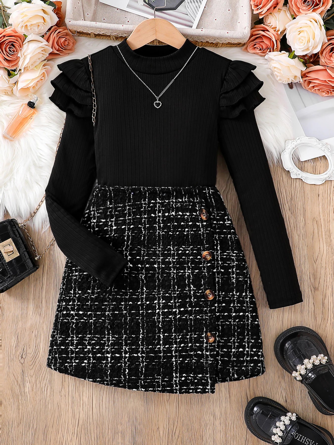 Kids Fashion Fall Set 2 Piece Black High Neck Petal Sleeve Top and A-line Skirt from Yamza Tots' Closet