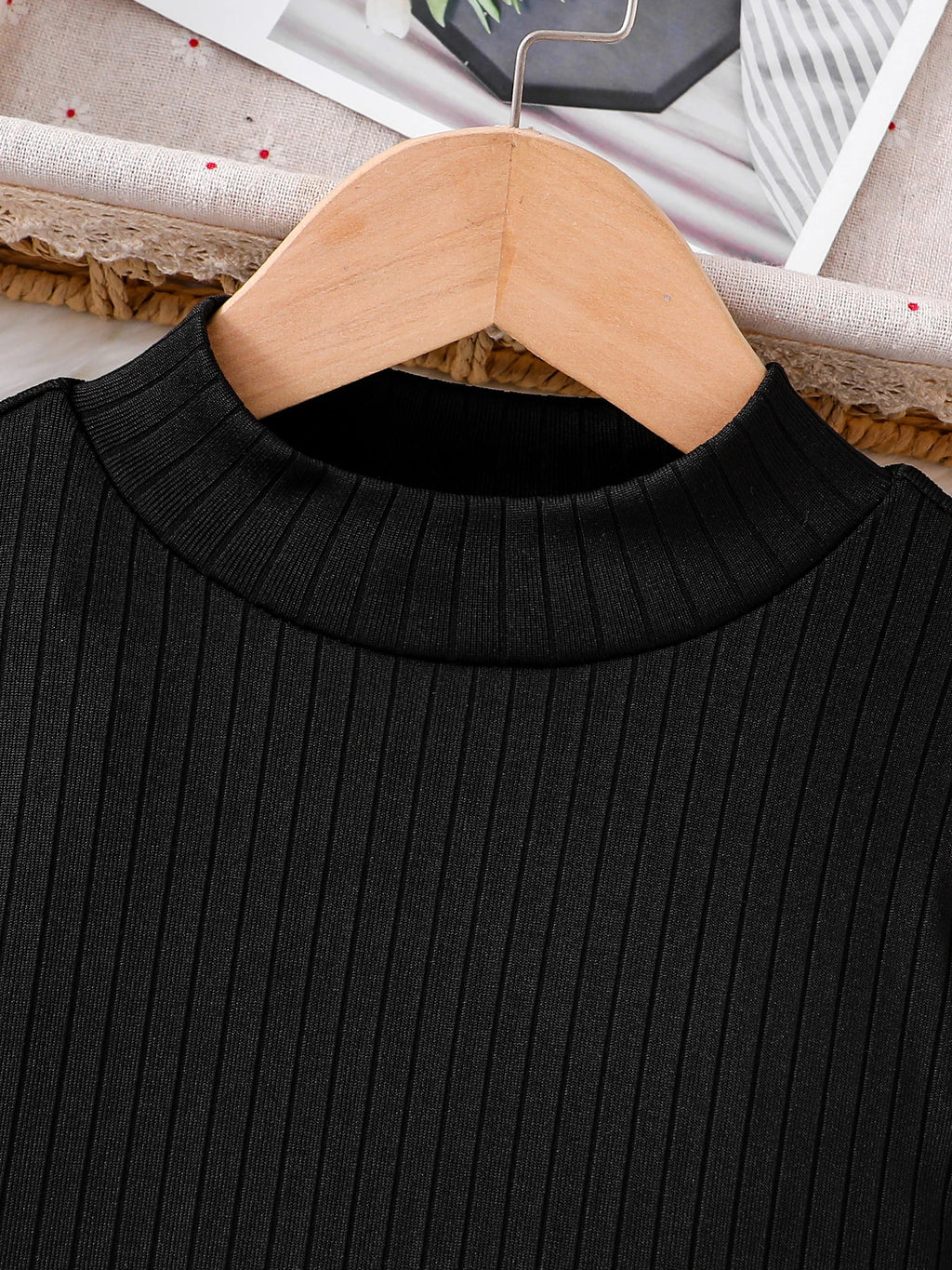 Kids Fashion Fall Set 2 Piece Black High Neck Petal Sleeve Top and A-line Skirt ribbed black high neck top close-up