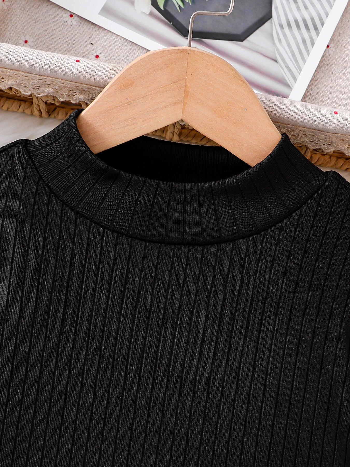 Kids Fashion Fall Set 2 Piece Black High Neck Petal Sleeve Top and A-line Skirt ribbed black high neck top close-up