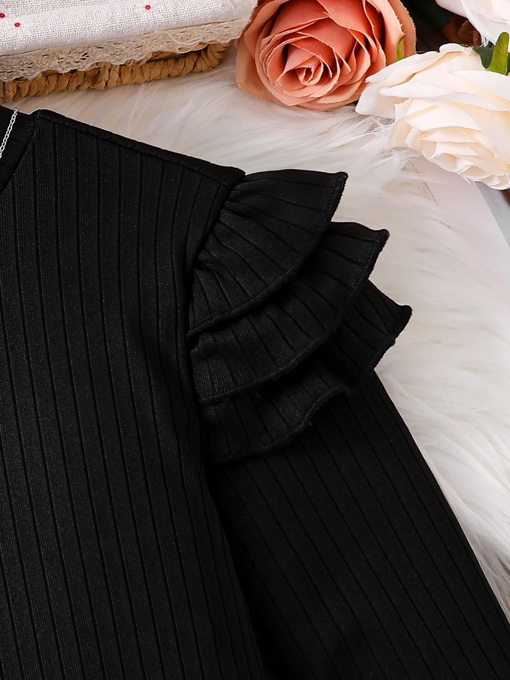 Kids Fashion Fall Set 2 Piece Black High Neck Petal Sleeve Top and A-line Skirt with ribbed texture