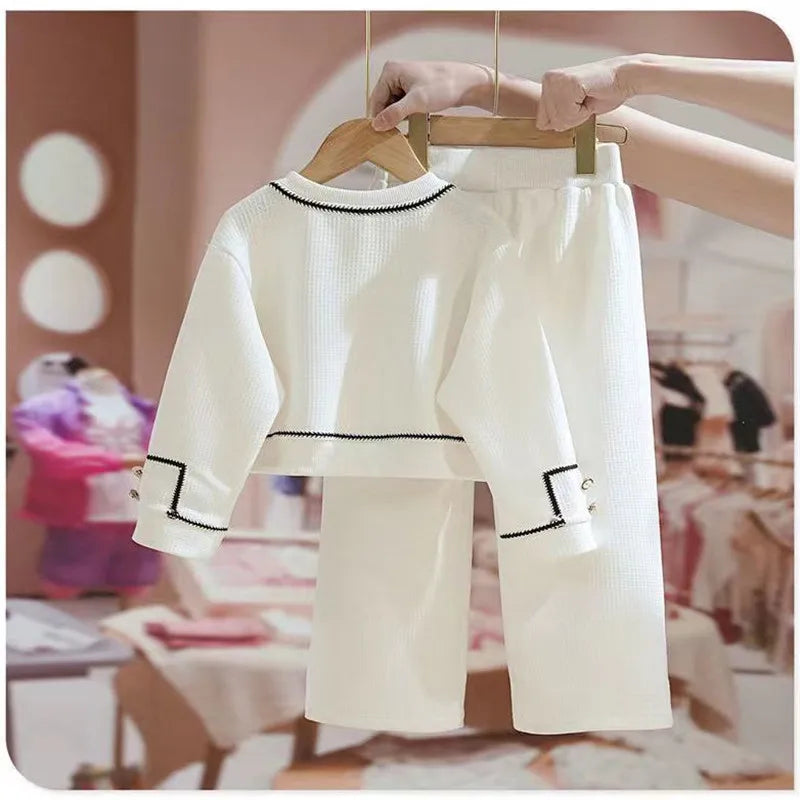 Kids Girls Spring Autumn Blouse Top and Pants Set sweet casual outfit set in white with black trim details