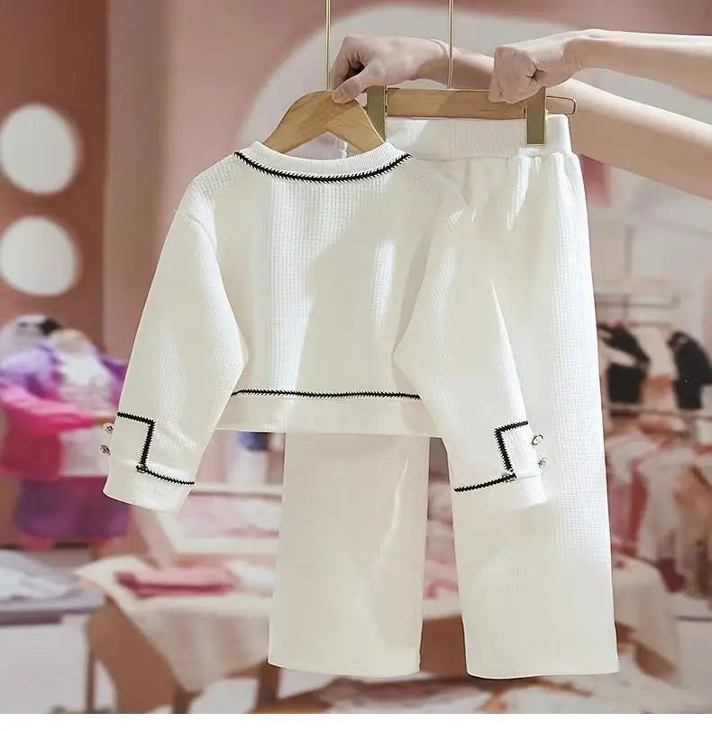 Kids Girls Spring Autumn Blouse Top and Pants Set Sweet Casual Outfit Set in white with black trim details