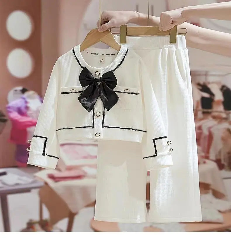Kids Girls Spring Autumn Blouse Top and Pants Set Sweet Casual Outfit Set in white with black bow and button details  