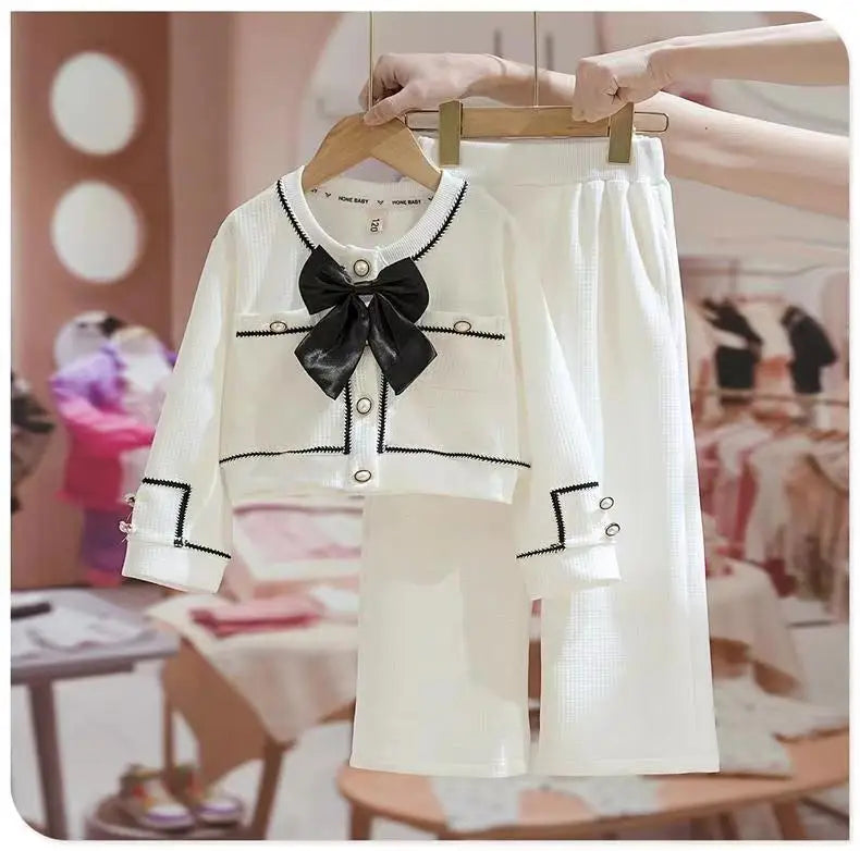 Kids Girls Spring Autumn Blouse Top and Pants Set Sweet Casual Outfit Set in white with black bow and trim
