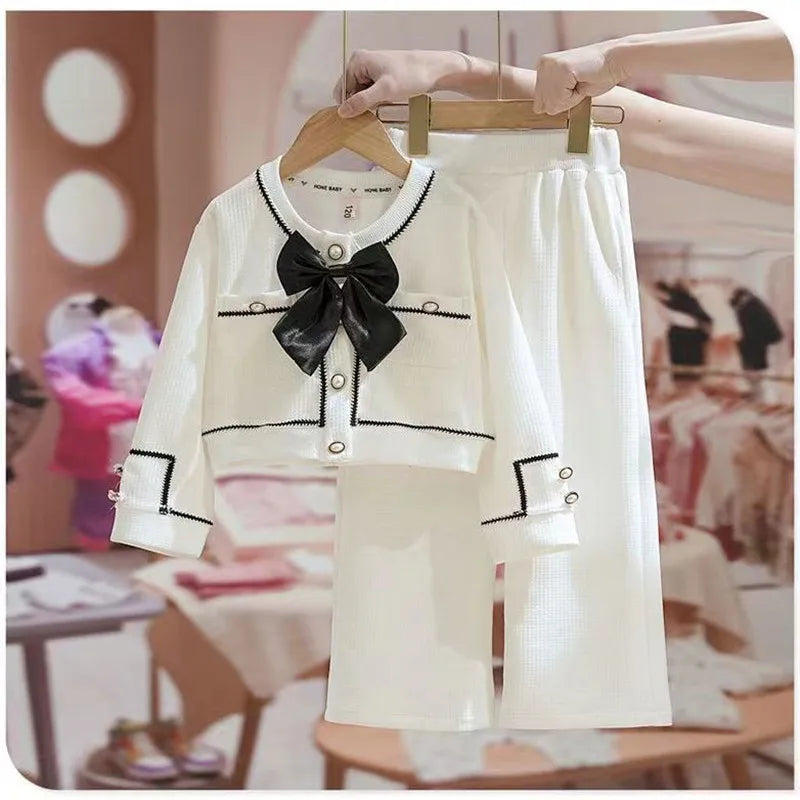 Kids Girls Spring Autumn Blouse Top and Pants Set Sweet Casual Outfit Set in white with black bow and button details