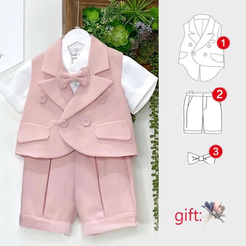 Kids Pink Boys 3-Piece Vest Suit with Tie Bow and Hat Birthday Dress Set includes vest shorts and bow tie