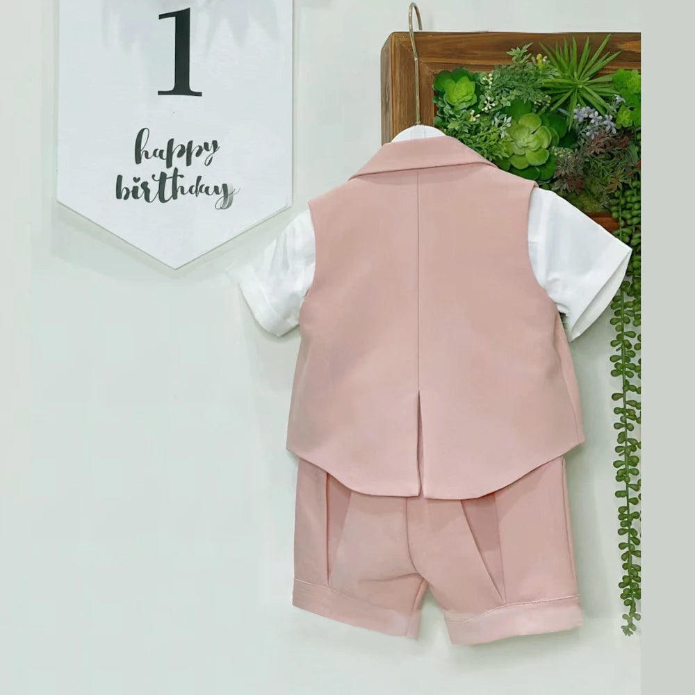 Kids Pink Boys 3-Piece Vest Suit with Tie Bow and Hat Birthday Dress Set hanging showing back view