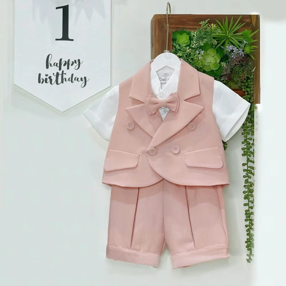 Kids Pink Boys 3-Piece Vest Suit with Tie Bow and Hat Birthday Dress Set displayed on hanger with white shirt