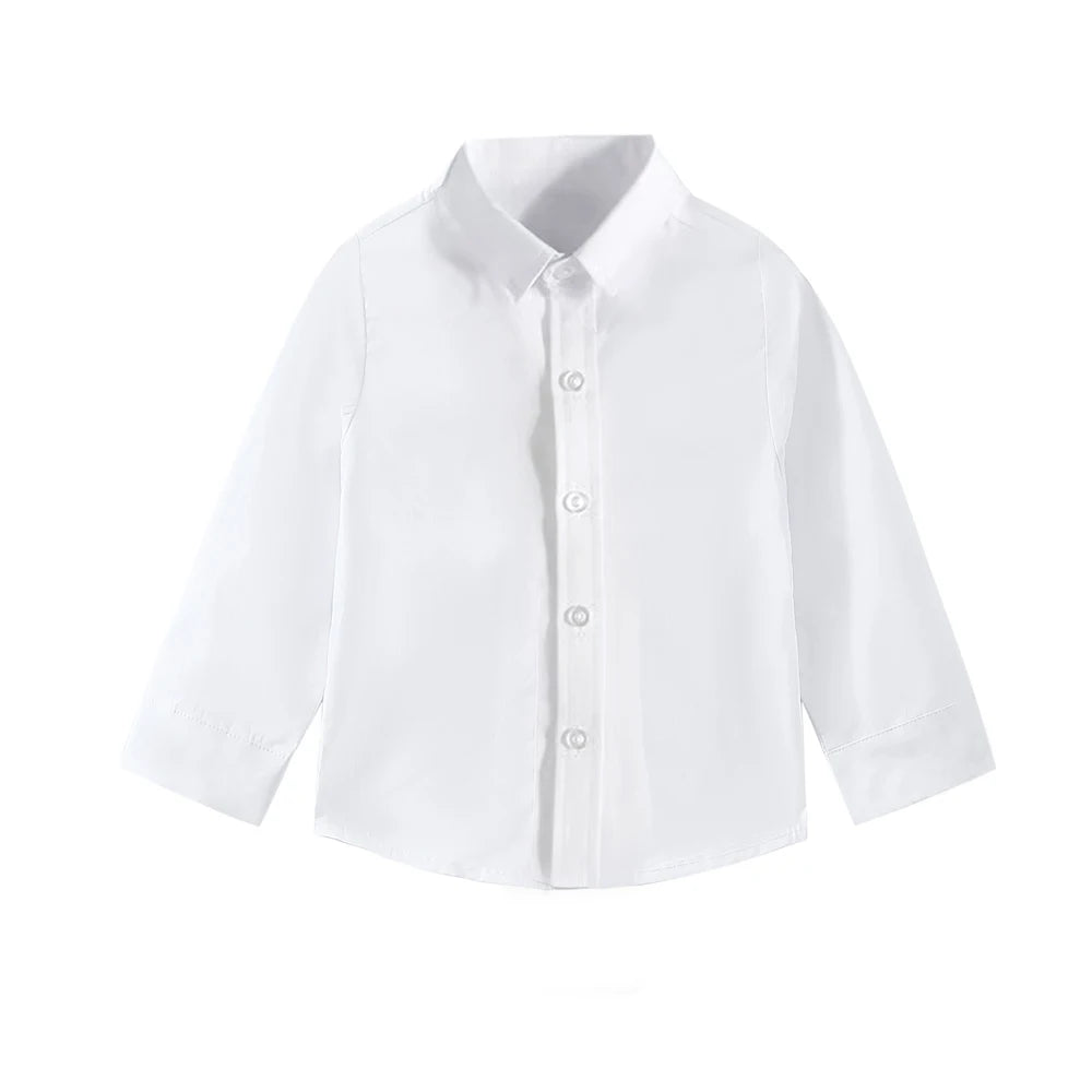 White long sleeve button-up shirt for boys from Kids Pink Boys 3-Piece Vest Suit with Tie Bow and Hat Birthday Dress Set