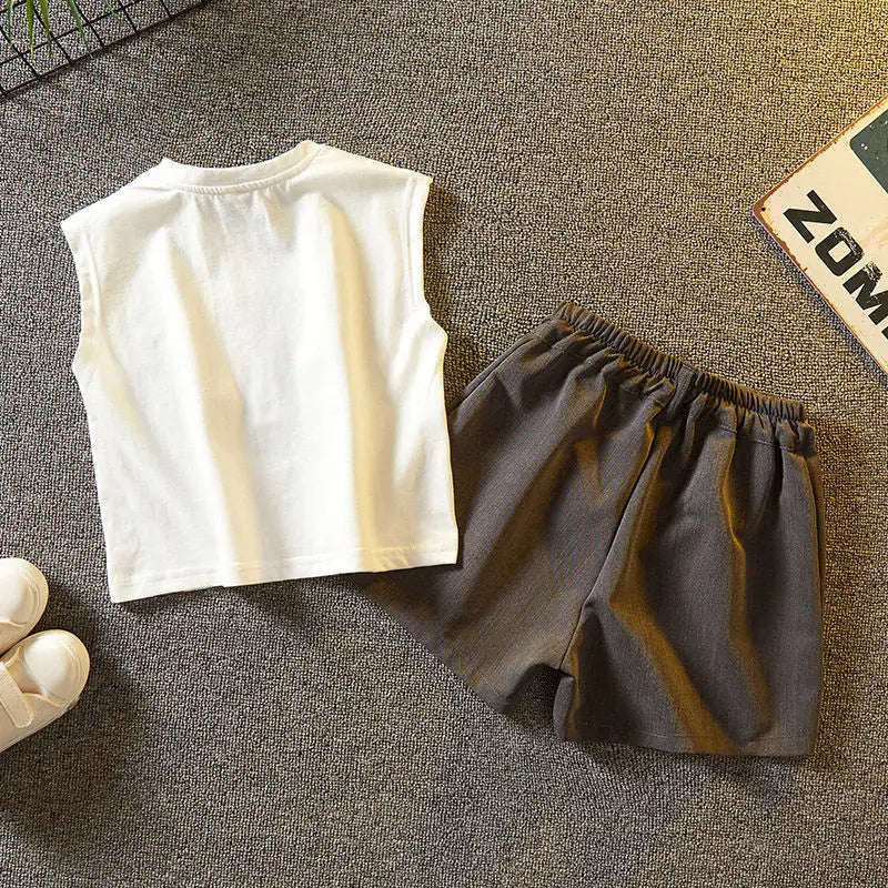 Kids Sleeveless Cotton Clothing Set Two-Piece Summer Outfits for Boys with white sleeveless top and gray shorts 