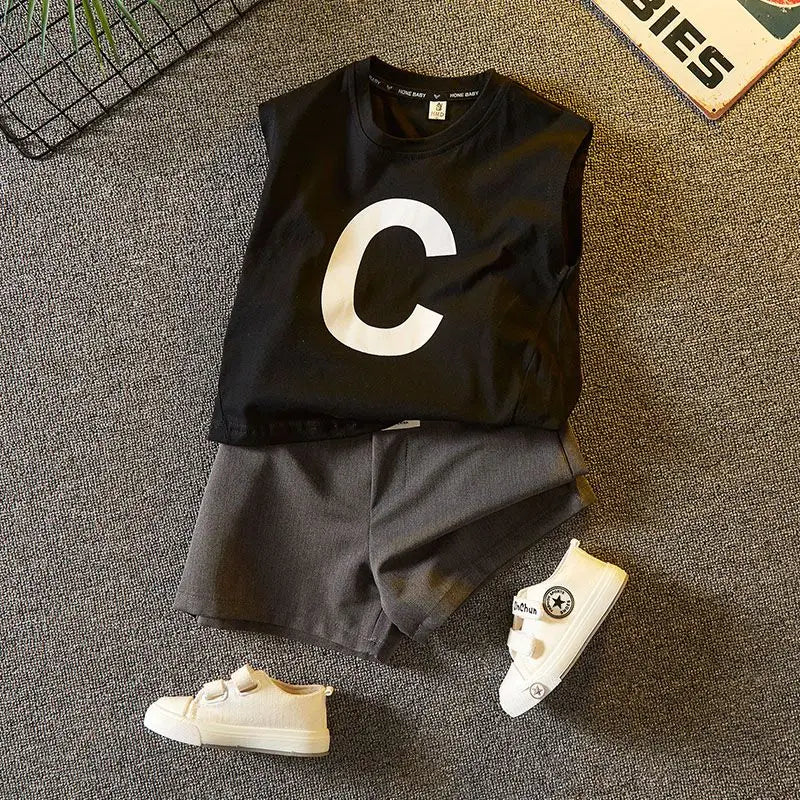 Kids Sleeveless Cotton Clothing Set Two-Piece Summer Outfits for Boys black tank top and gray shorts with white sneakers