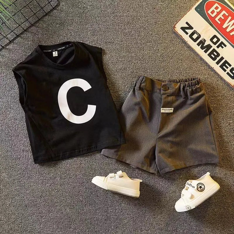 Kids Sleeveless Cotton Clothing Set Two-Piece Summer Outfits for Boys black sleeveless shirt and gray shorts
