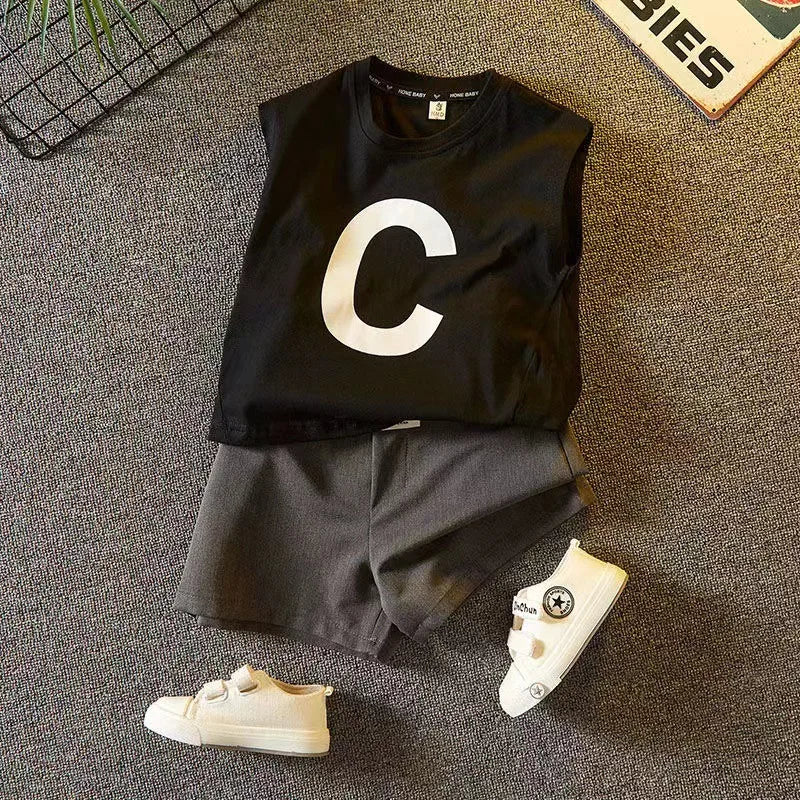 Kids Sleeveless Cotton Clothing Set Two-Piece Summer Outfits for Boys with black sleeveless top and gray shorts