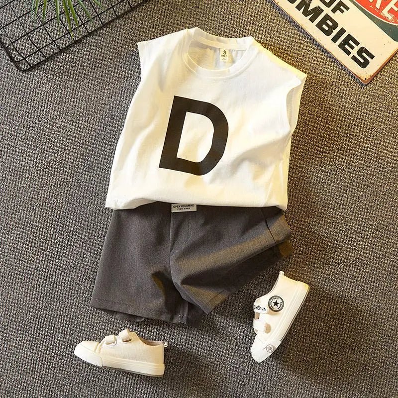 Kids Sleeveless Cotton Clothing Set Two-Piece Summer Outfits for Boys featuring white sleeveless top with D print and gray shorts