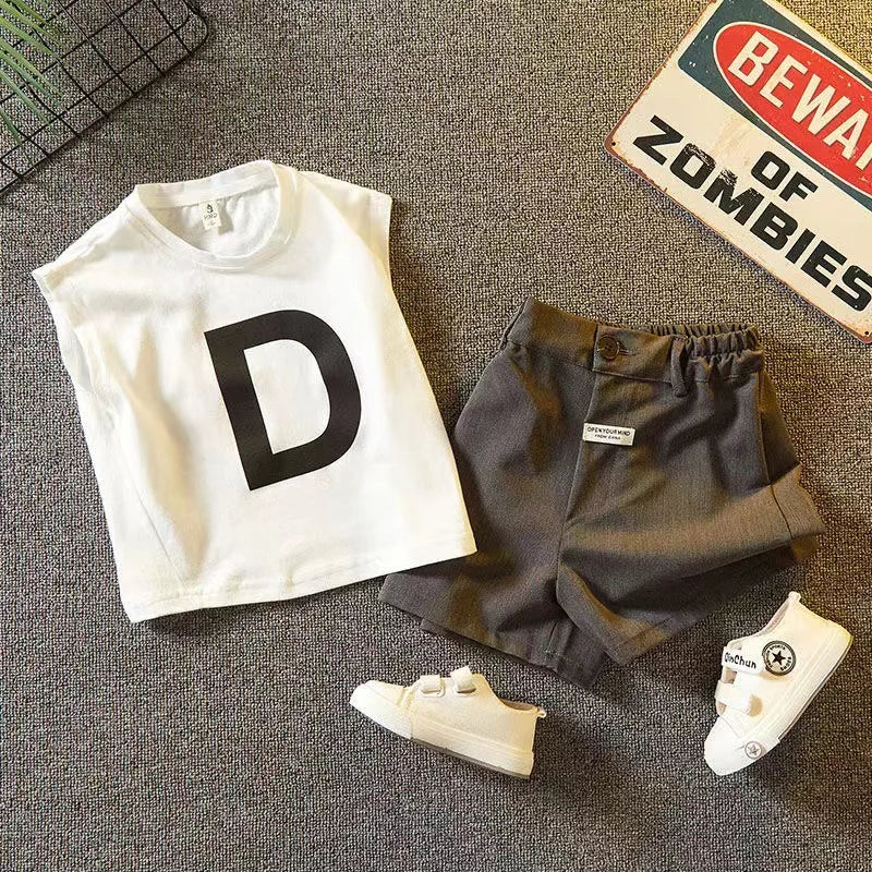 Kids Sleeveless Cotton Clothing Set Two-Piece Summer Outfits for Boys with white sleeveless top and gray shorts