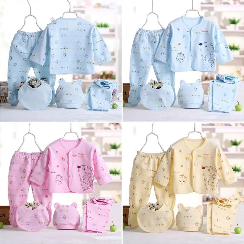Newborn Baby Pure Cotton Clothing Set with Top Pants Hat Bibs Cartoon Print in blue pink and yellow colors