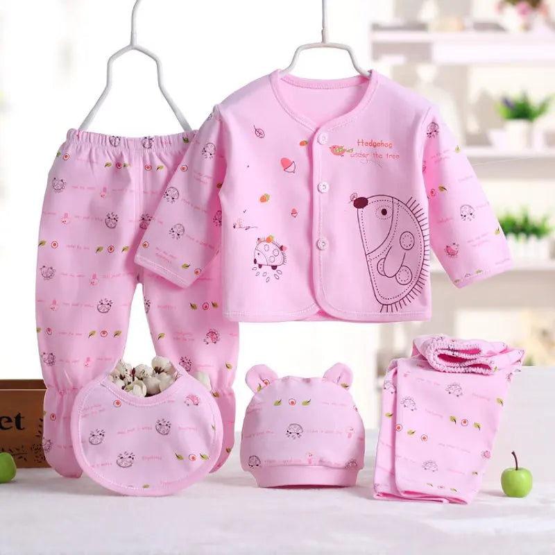 Newborn Baby Pure Cotton Clothing Set with Top Pants Hat Bibs Cartoon Print in soft pink with hedgehog design